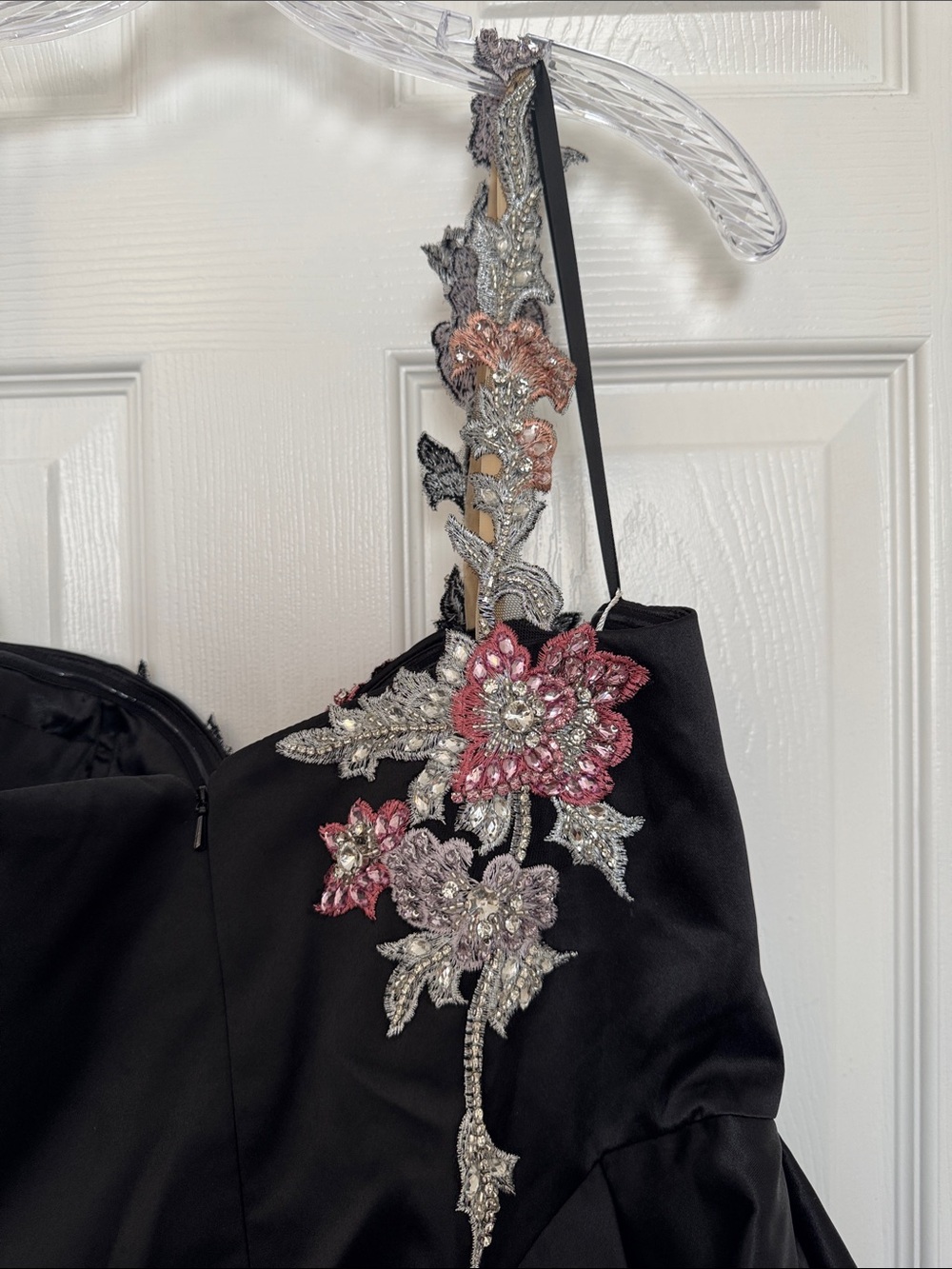 Mac Duggal 11955 Black Satin One-Shoulder Midi Dress with Beaded Flowers Size 10 - Picture 8 of 11
